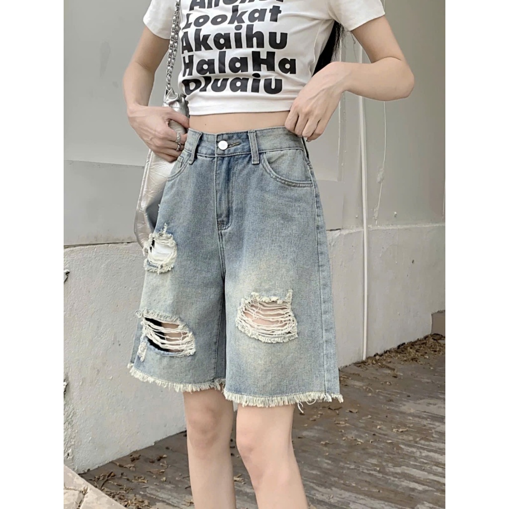 Quần jeans ngố rách ống rộng tua gấu thời trang, quần bò nữ form lửng phong cách năng động ED16