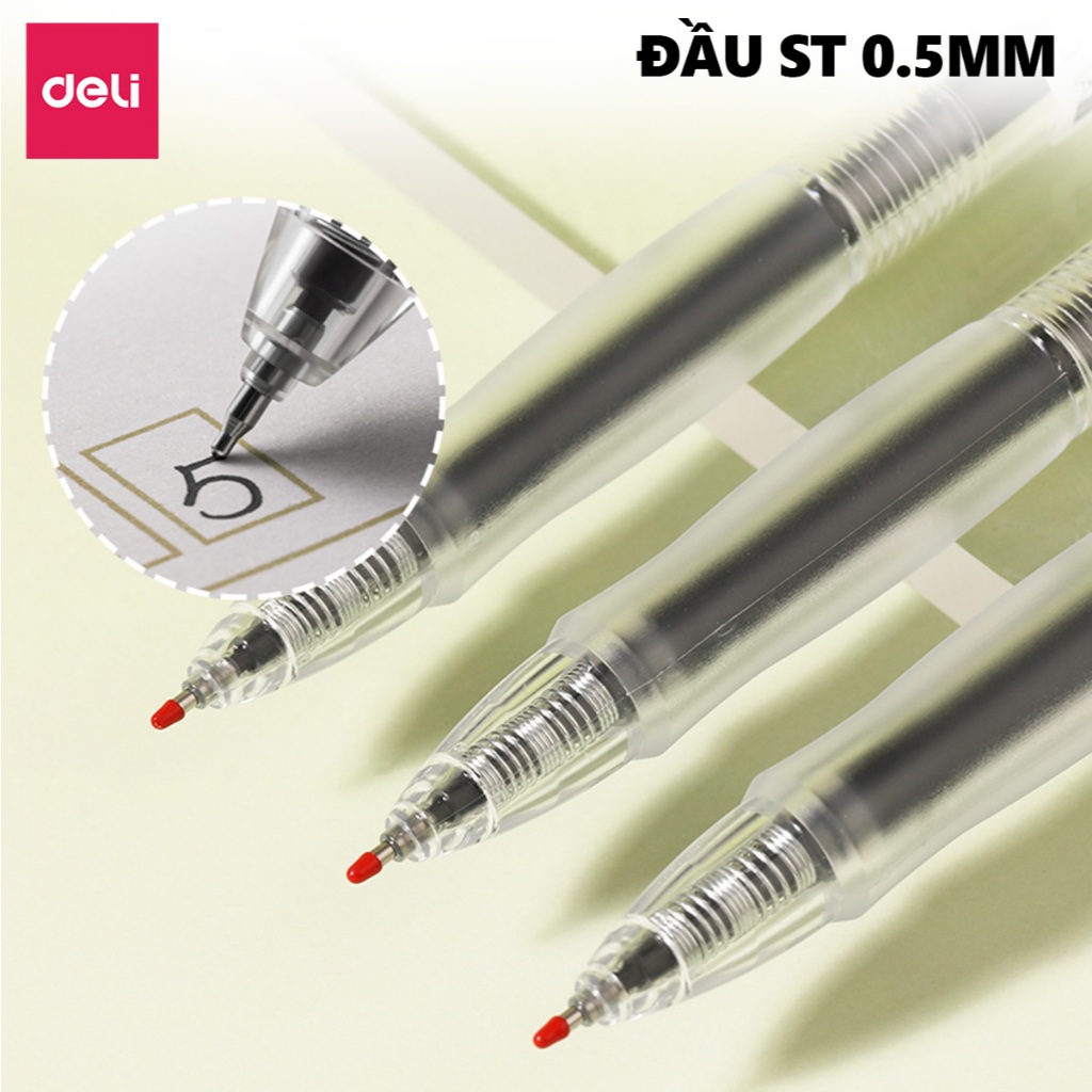 [4K/BÚT] Bút Gel Bấm Ngòi ST 0.5mm Deli EG08S Nhanh Khô Mực Xanh / Đen Thiết Kế Đệm Tay Êm