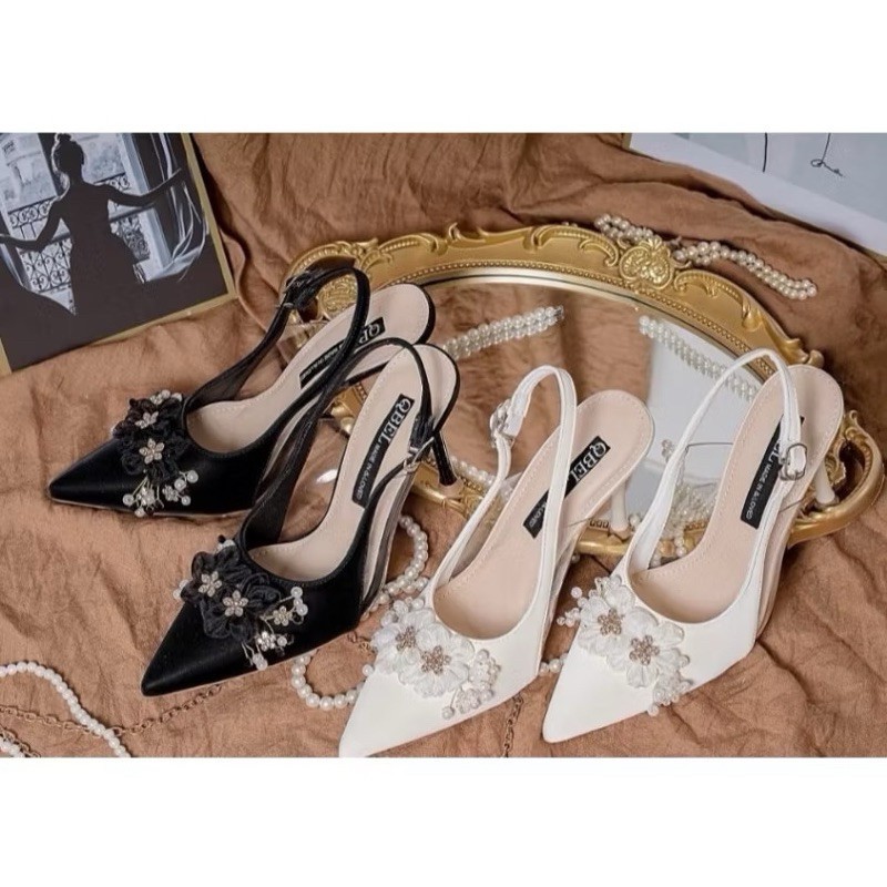 Giày Cao Gót Bít Mũi Phối Mica Mềm, Giày Đính Hoa Cô Dâu Gót Nhọn 7cm, 9 cm - Cin Shoes