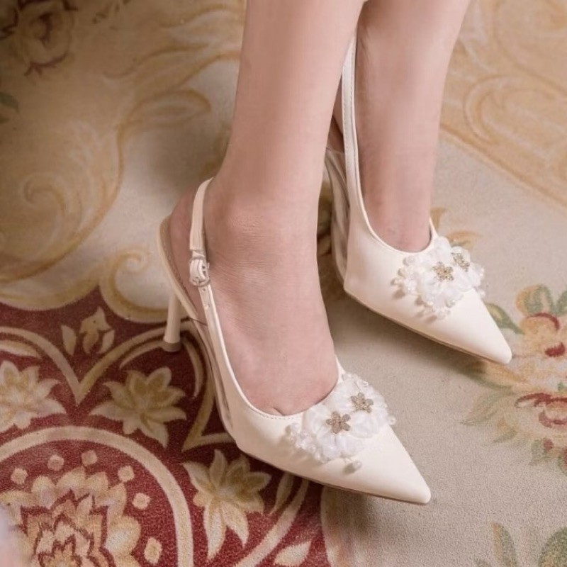 Giày Cao Gót Bít Mũi Phối Mica Mềm, Giày Đính Hoa Cô Dâu Gót Nhọn 7cm, 9 cm - Cin Shoes