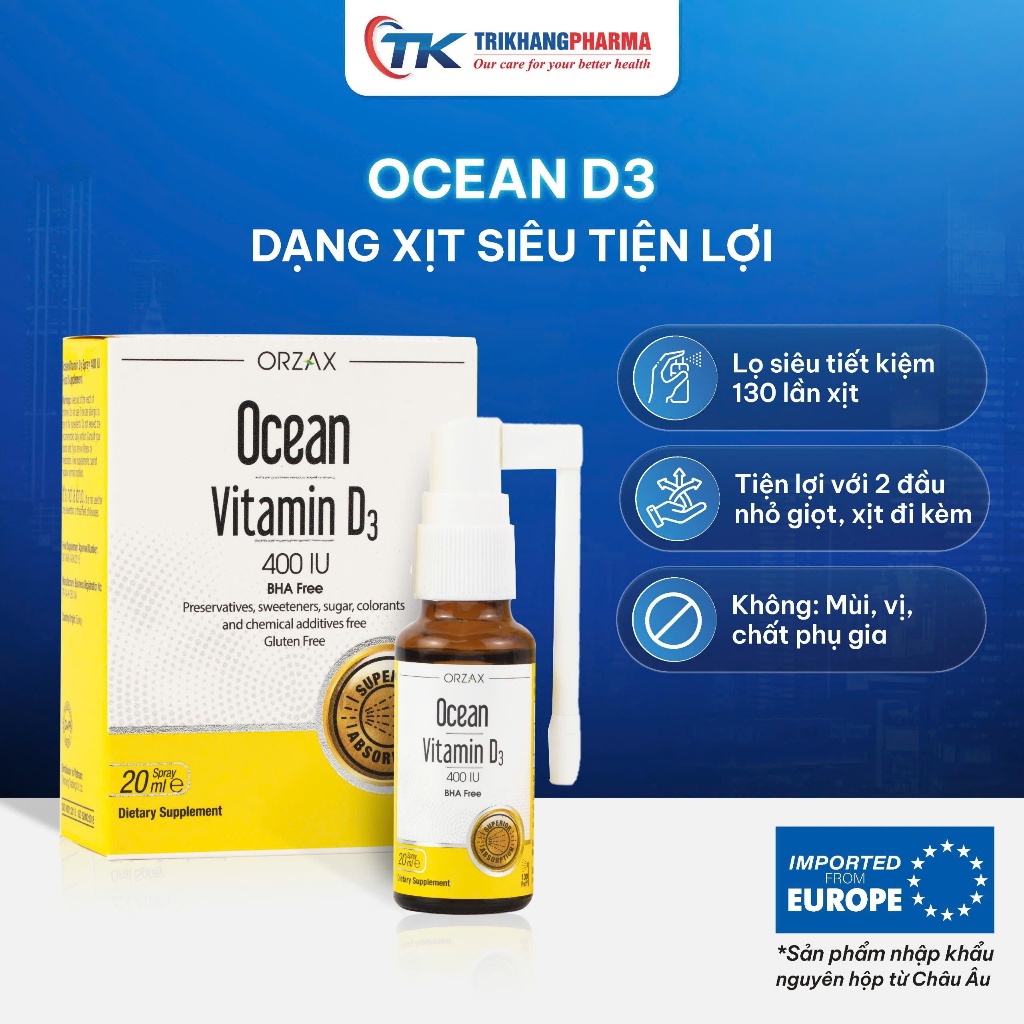 Xịt Vitamin D3 Ocean Orzax Lọ 20ml hỗ trợ phát triển chiều cao tăng sức ...
