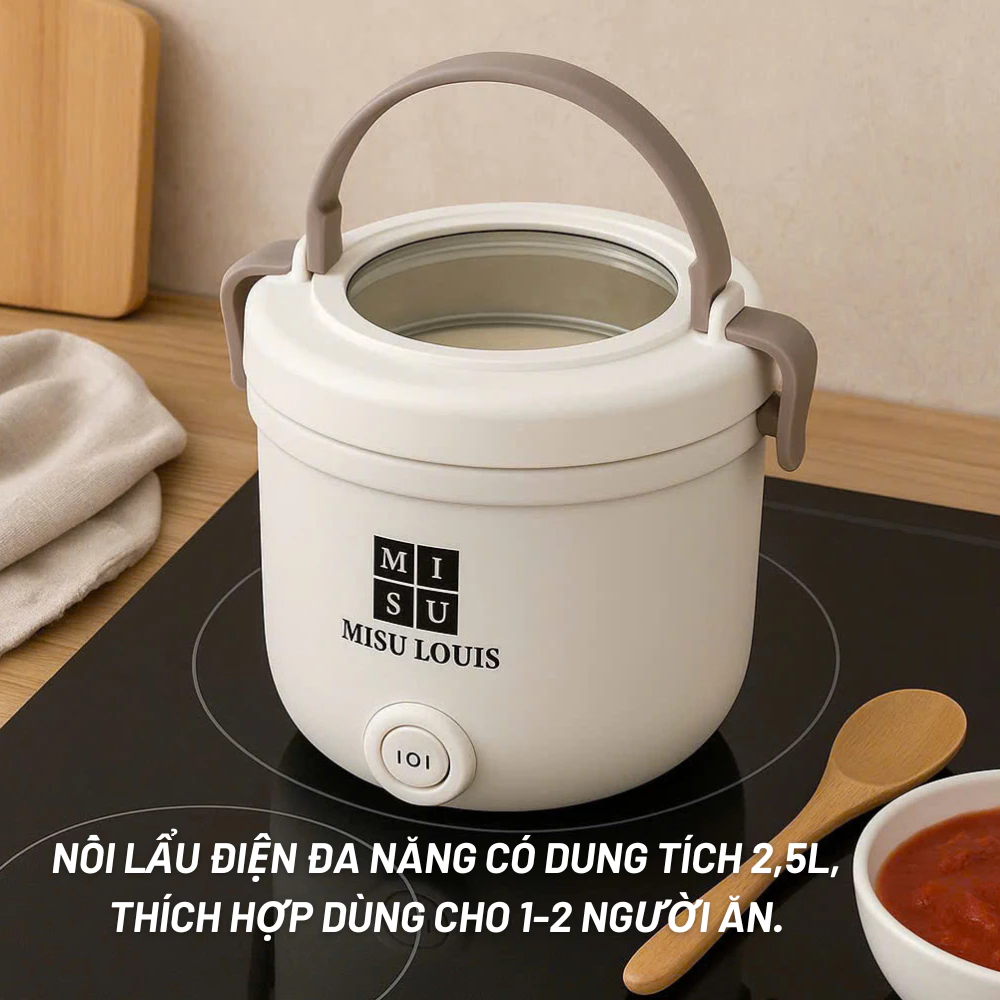 Nồi Lẩu Điện Mini Đa Năng Công Suất 600W Kèm Gía Hấp Dung Tích 2,5L Chống Dính, Dễ Dàng Vệ Sinh