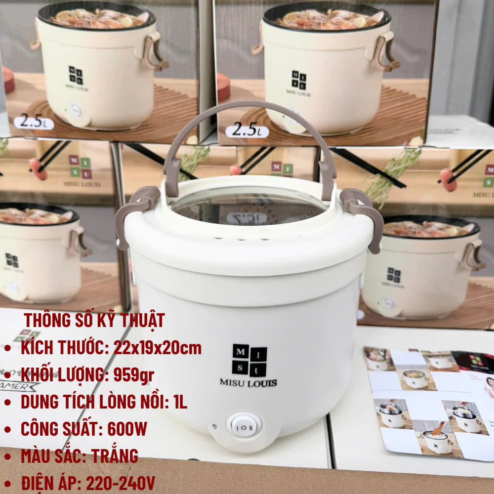 Nồi Lẩu Điện Mini Đa Năng Công Suất 600W Kèm Gía Hấp Dung Tích 2,5L Chống Dính, Dễ Dàng Vệ Sinh