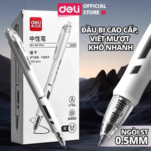 Bút Gel Đầu Bấm Nhanh Khô Deli Ngòi ST 0.5mm Mực Đen Thiết Kế Đệm Tay Êm Ái Cho Học Sinh Văn Phòng