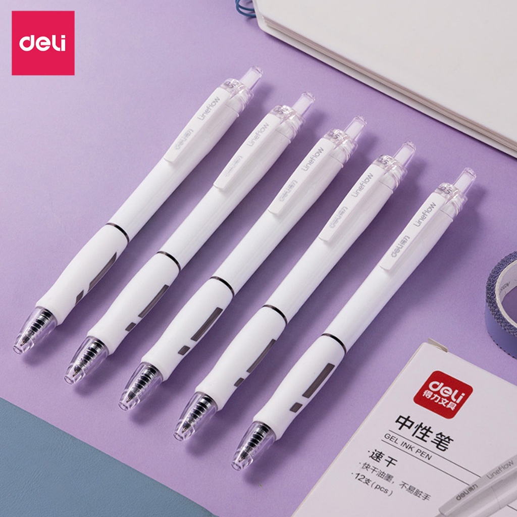 Bút Gel Đầu Bấm Nhanh Khô Deli Ngòi ST 0.5mm  Mực Đen Thiết Kế Đệm Tay Êm Ái Cho Học Sinh Văn Phòng
