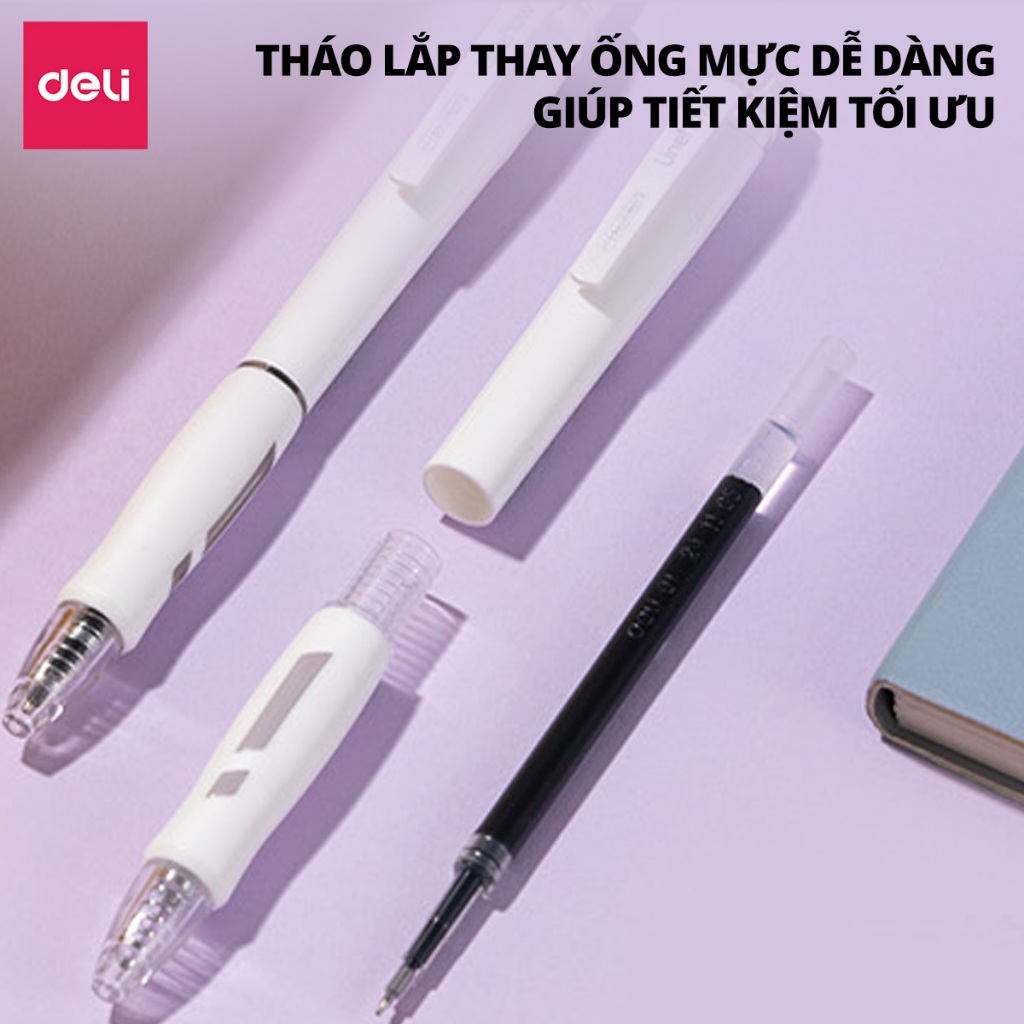 Bút Gel Đầu Bấm Nhanh Khô Deli Ngòi ST 0.5mm  Mực Đen Thiết Kế Đệm Tay Êm Ái Cho Học Sinh Văn Phòng