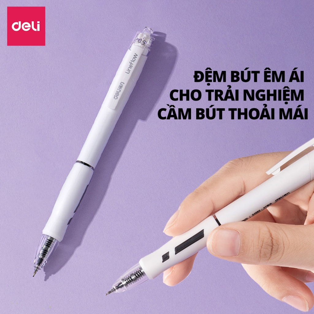 Bút Gel Đầu Bấm Nhanh Khô Deli Ngòi ST 0.5mm  Mực Đen Thiết Kế Đệm Tay Êm Ái Cho Học Sinh Văn Phòng