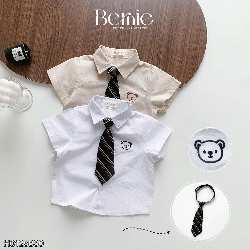 Bộ sơ mi bé trai thêu gấu kèm cavat cho bé, set sơ mi cộc tay phối quần kaki