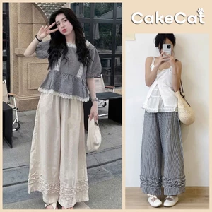 Quần ống rộng nữ họa tiết nhún bèo phong cách vintage thoải mái mặc ở nhà đi chơi đi học