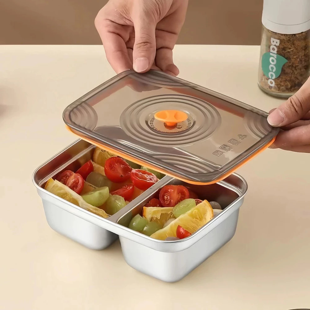 Khay đựng thực phẩm 2 ngăn inox to để tủ lạnh ngăn mùi có nắp đậy, hộp đựng đồ bảo quản tiện dụng