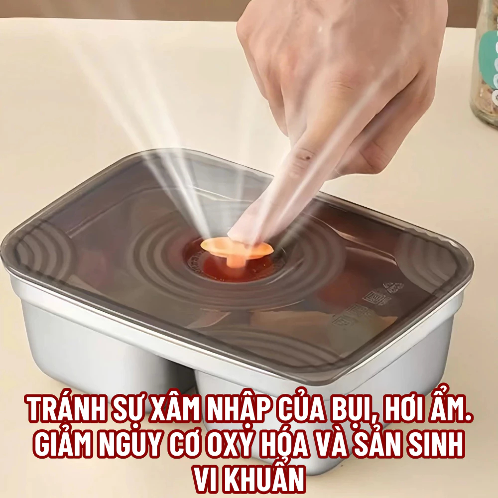 Khay đựng thực phẩm 2 ngăn inox to để tủ lạnh ngăn mùi có nắp đậy, hộp đựng đồ bảo quản tiện dụng