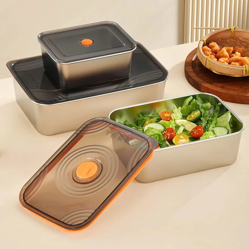 Khay đựng thực phẩm 2 ngăn inox to để tủ lạnh ngăn mùi có nắp đậy, hộp đựng đồ bảo quản tiện dụng