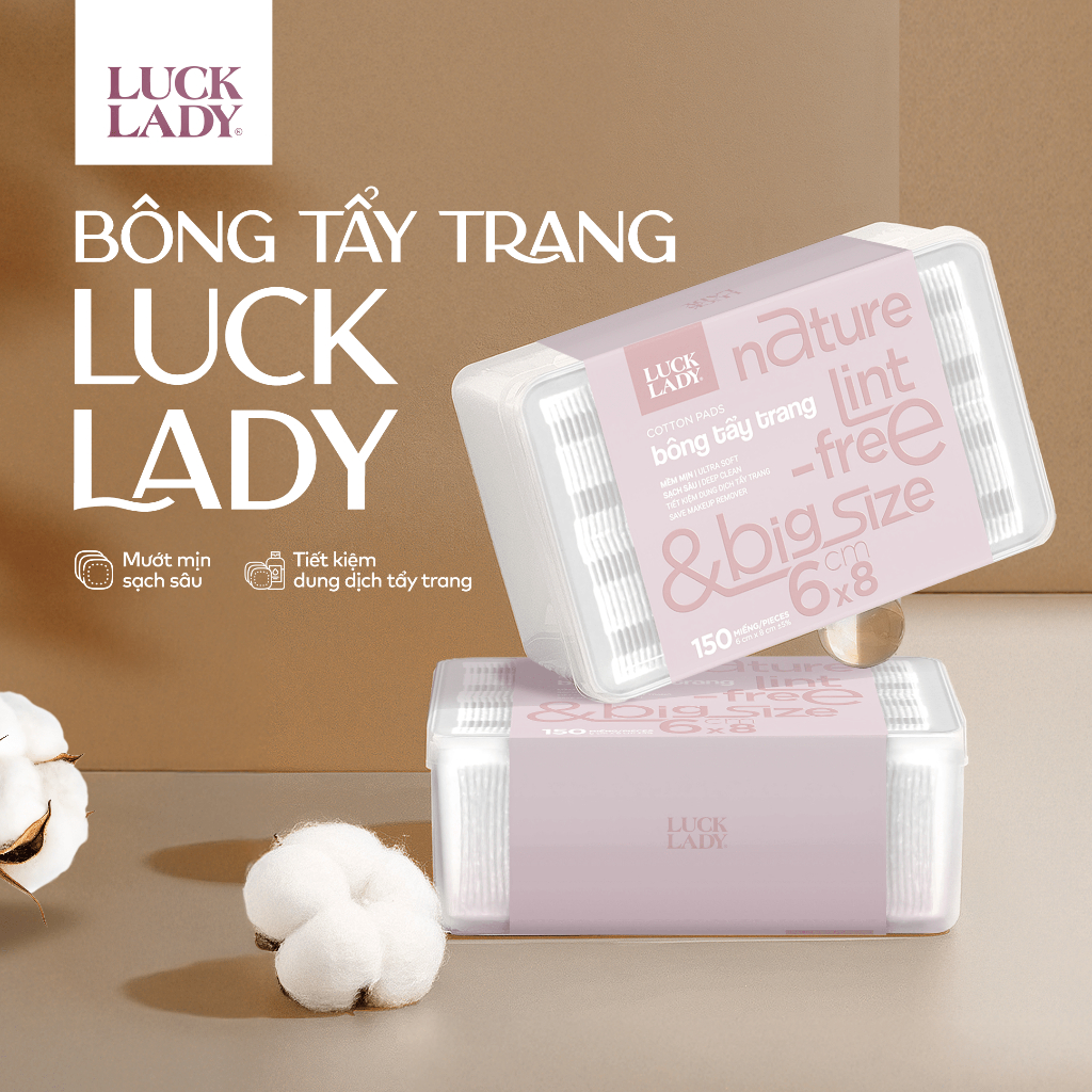Bông tẩy trang Luck Lady cao cấp dạng hộp nhựa 150 miếng/hộp mềm mịn, làm sạch da kích thước bông 60x80mm