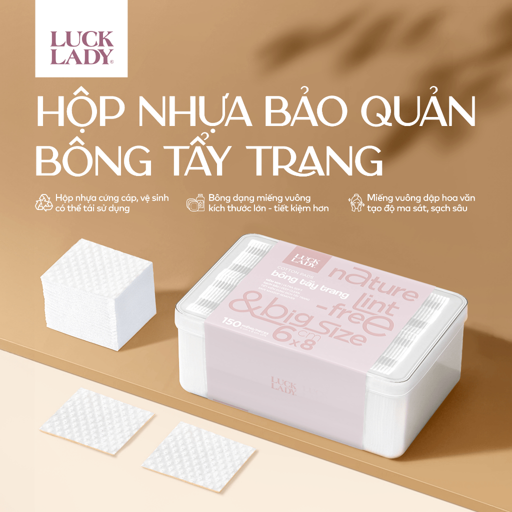 Bông tẩy trang Luck Lady cao cấp dạng hộp nhựa 150 miếng/hộp mềm mịn, làm sạch da kích thước bông 60x80mm