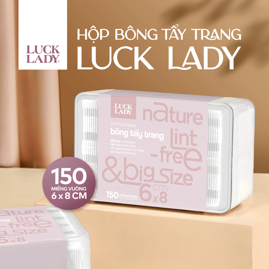 Bông tẩy trang Luck Lady cao cấp dạng hộp nhựa 150 miếng/hộp mềm mịn, làm sạch da kích thước bông 60x80mm