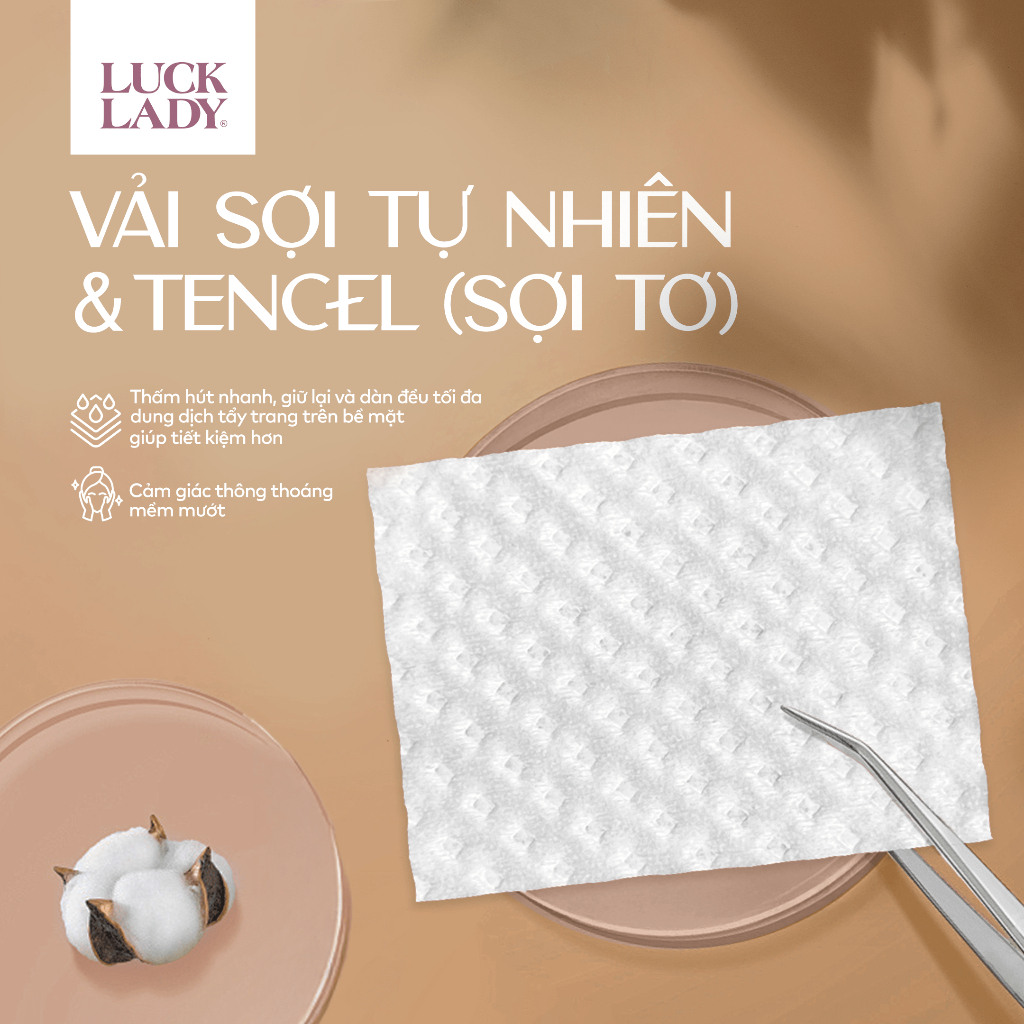 Bông tẩy trang Luck Lady cao cấp dạng hộp nhựa 150 miếng/hộp mềm mịn, làm sạch da kích thước bông 60x80mm