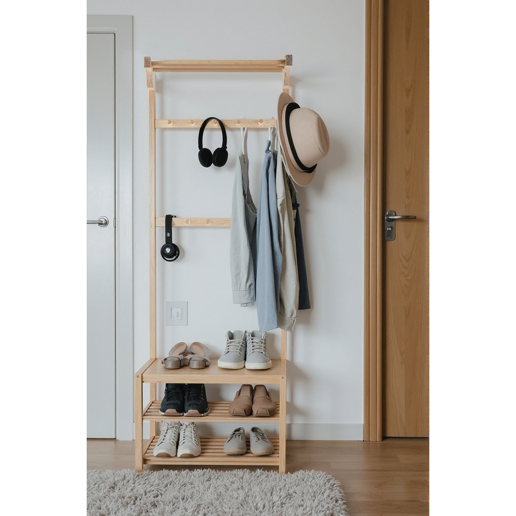 [TV-K002] Giá Gỗ Treo Quần Áo, Kệ Gỗ Kèm Kệ Để Giày Dép Decor, Kệ Treo Đồ Trang Trí Phòng Ngủ Phòng Khách