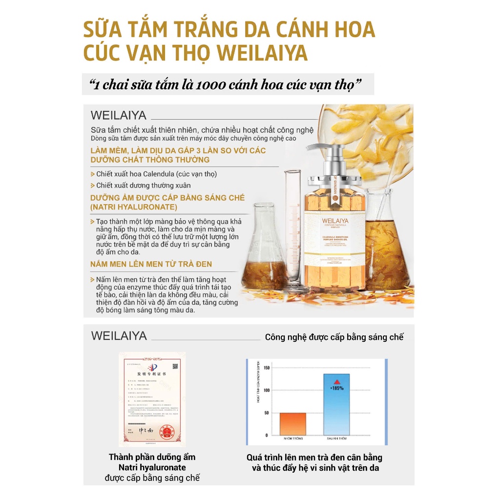 Sữa tắm nước hoa trắng da toàn thân Weilaiya chiết xuất cánh hoa hồng Damask và hoa cúc vạn thọ lưu hương lâu 60ml