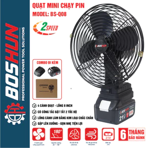 Quạt dùng pin BOSHUN BS-Q08, 2 Cấp Độ Gió, Lồng quạt 8inch, Sử Dụng Liên Tục 6 Tiếng