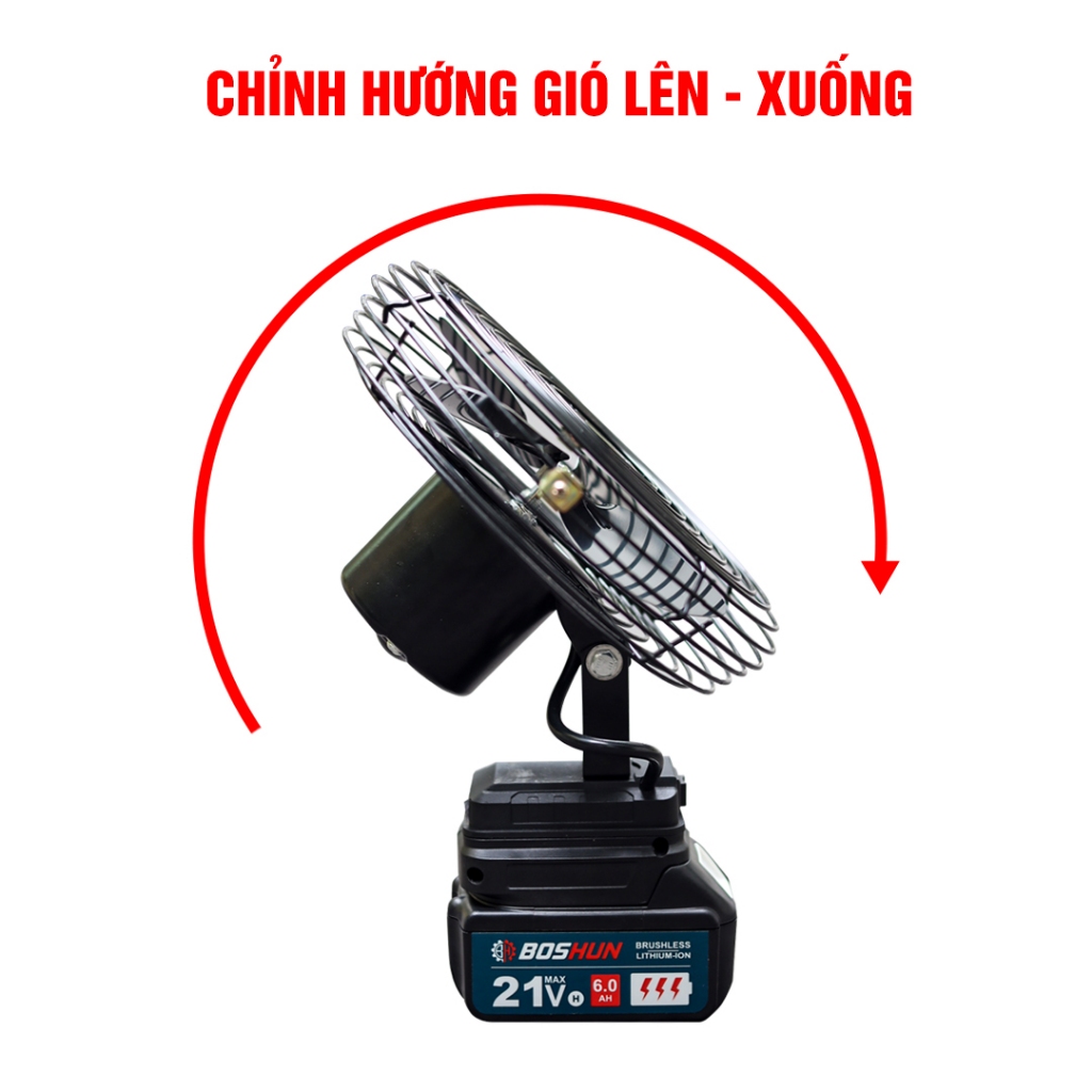 [Không Xoay] Quạt dùng pin BOSHUN BS-Q08, 2 Cấp Độ Gió, Lồng quạt 8inch, Sử Dụng Liên Tục 6 Tiếng