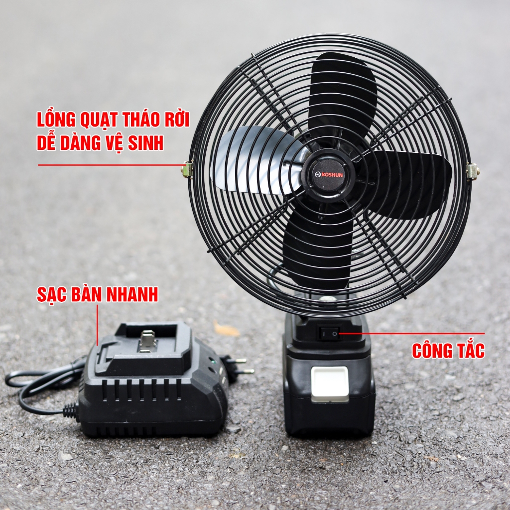 [Không Xoay] Quạt dùng pin BOSHUN BS-Q08, 2 Cấp Độ Gió, Lồng quạt 8inch, Sử Dụng Liên Tục 6 Tiếng
