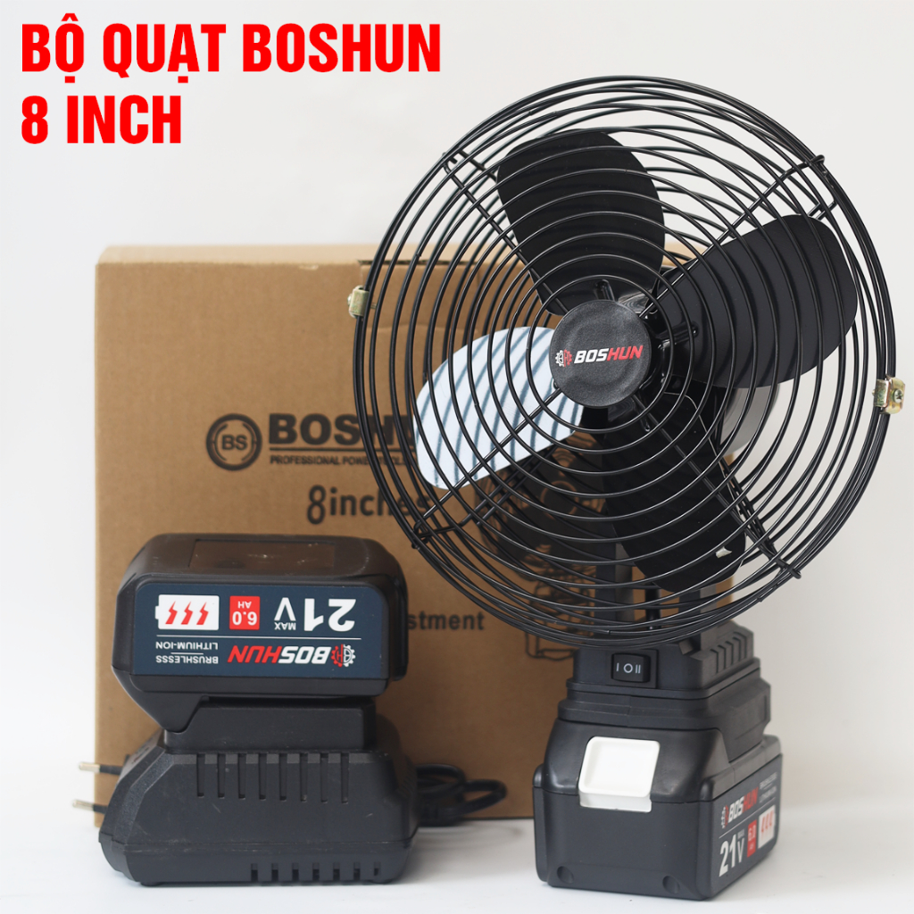[Không Xoay] Quạt dùng pin BOSHUN BS-Q08, 2 Cấp Độ Gió, Lồng quạt 8inch, Sử Dụng Liên Tục 6 Tiếng