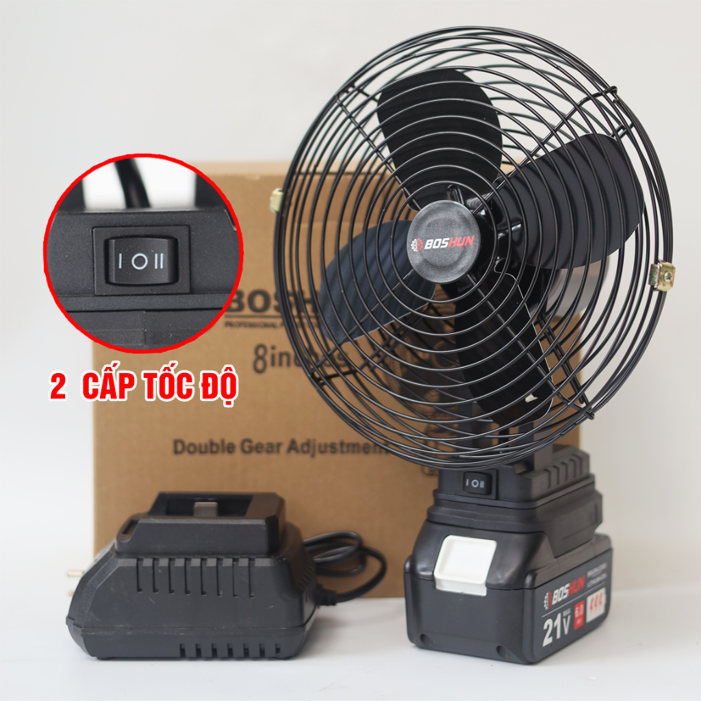 [Không Xoay] Quạt dùng pin BOSHUN BS-Q08, 2 Cấp Độ Gió, Lồng quạt 8inch, Sử Dụng Liên Tục 6 Tiếng