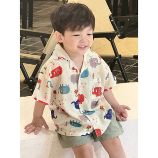 Áo sơ mi mùa hè cho bé trai Batala kids, Áo đi biển hoạ tiết KHỦNG LONG cho bé 2024