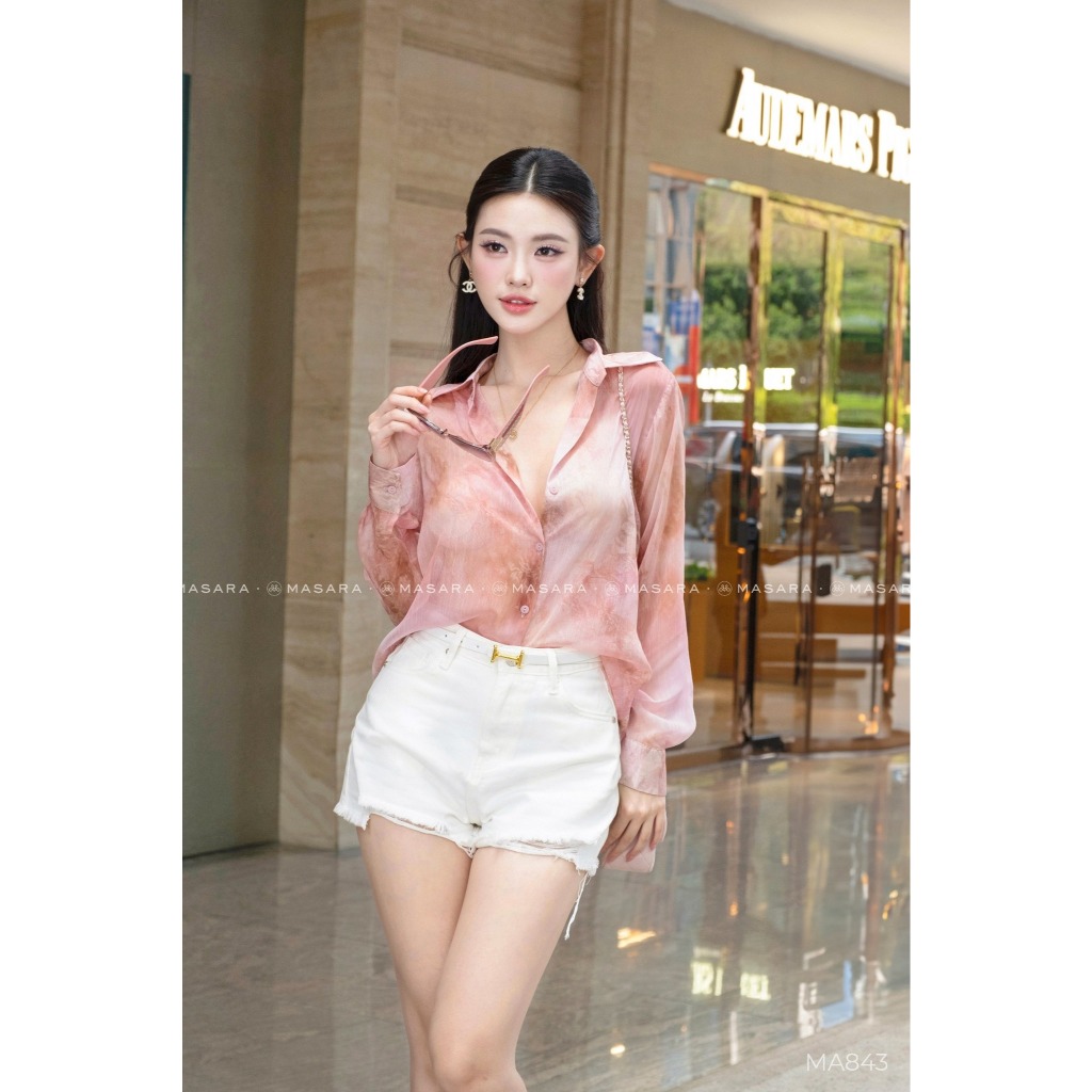 Áo sơ mi tơ Masara màu hồng ngọt ngào mềm mát thanh lịch MA843