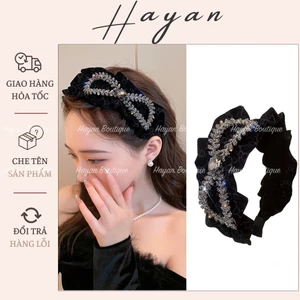 HT008 Băng đô cài tóc đính đá lấp lánh, Bờm cài tóc xếp ly phối nhung đen sang chảnh HT008