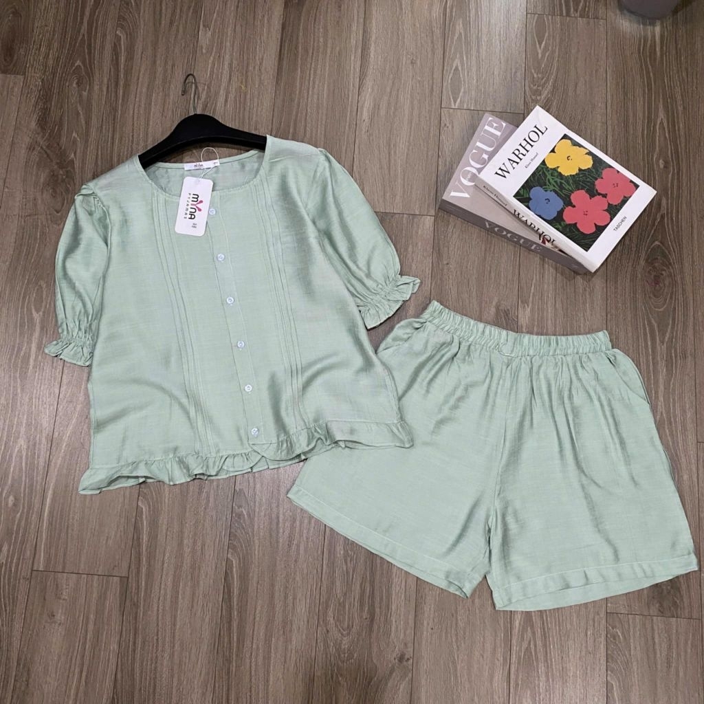 Bộ đồ nữ, áo thiết kế xếp ly tay lở, quần đùi, chất tơ đũi mềm mát hàng chính hãng, set đi biển
