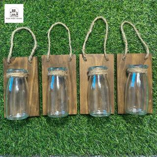 Bảng gỗ kèm lọ thủy tinh OABU decor treo tường, trồng cây thủy sinh BG_03 gỗ nâu