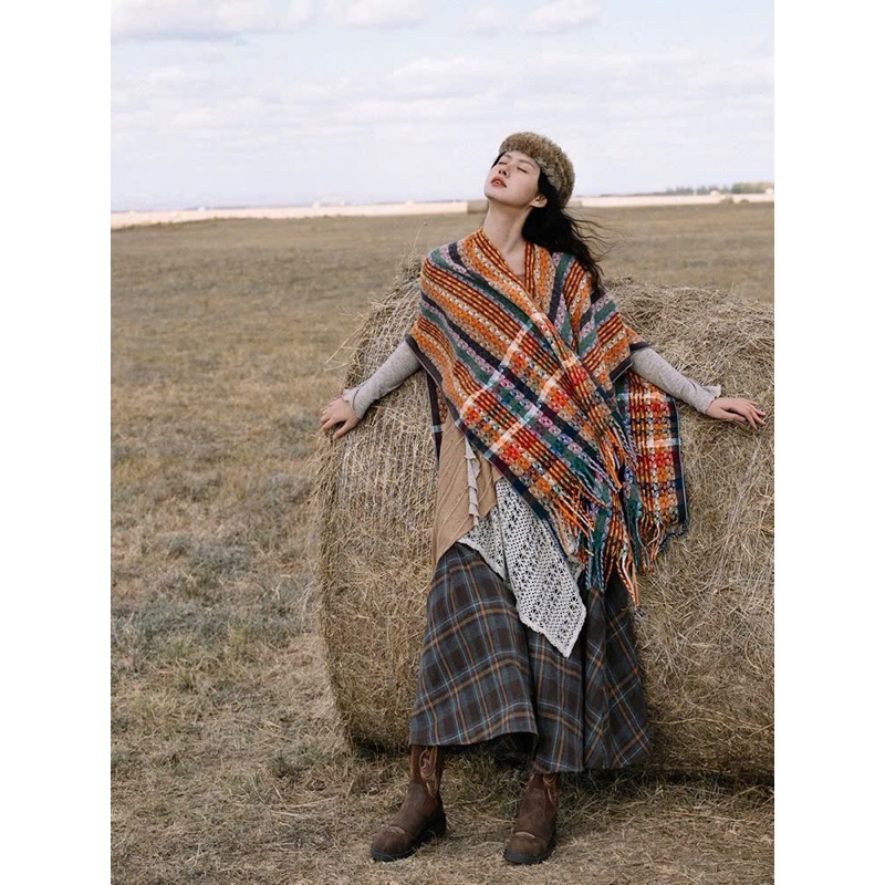 Khăn áo choàng boho thổ cẩm nữ thu đông Áo choàng len dạ dày poncho khoác ngoài -Mã Mới Nhất 2025