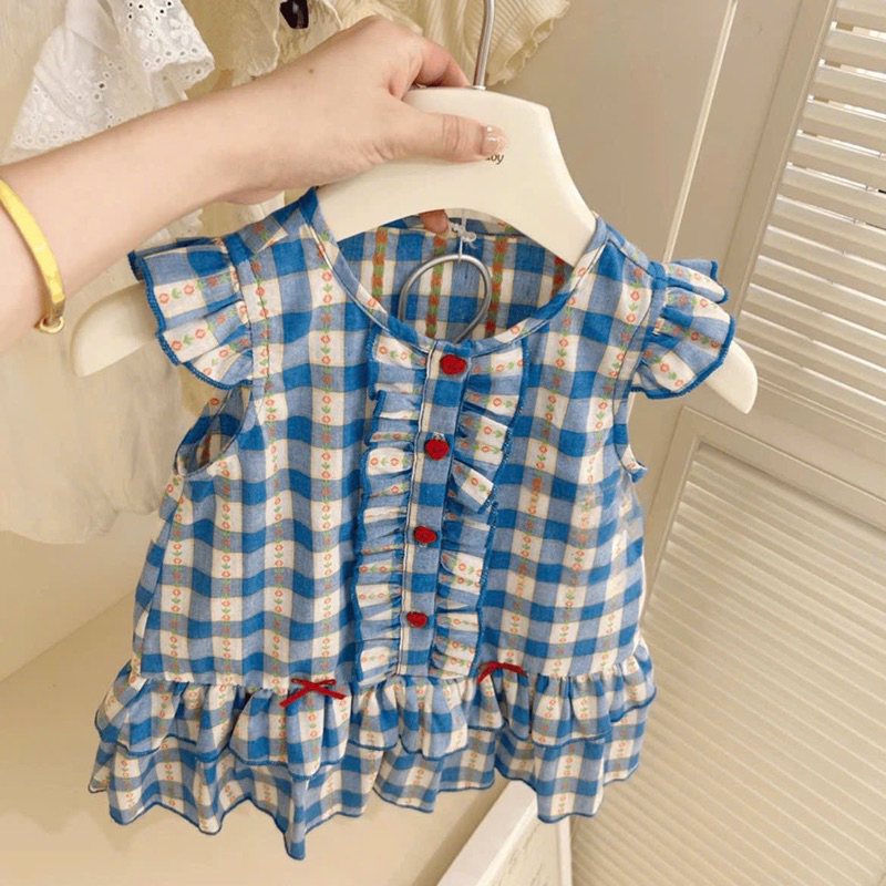 (Order) Váy caro xanh dương bèo nhún điệu dành cho bé gái