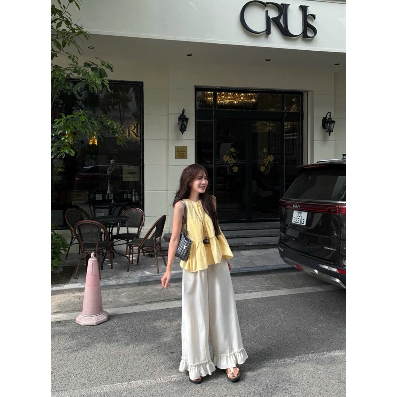 Quần THÔ LINEN SẦN màu BE ống rộng gấu bèo loe to cạp chun Quần NỮ the.sweaterweather TSW