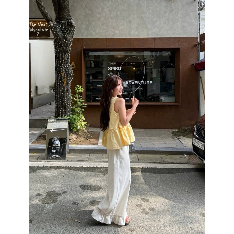 Quần THÔ LINEN SẦN màu BE ống rộng gấu bèo loe to cạp chun Quần NỮ the.sweaterweather TSW