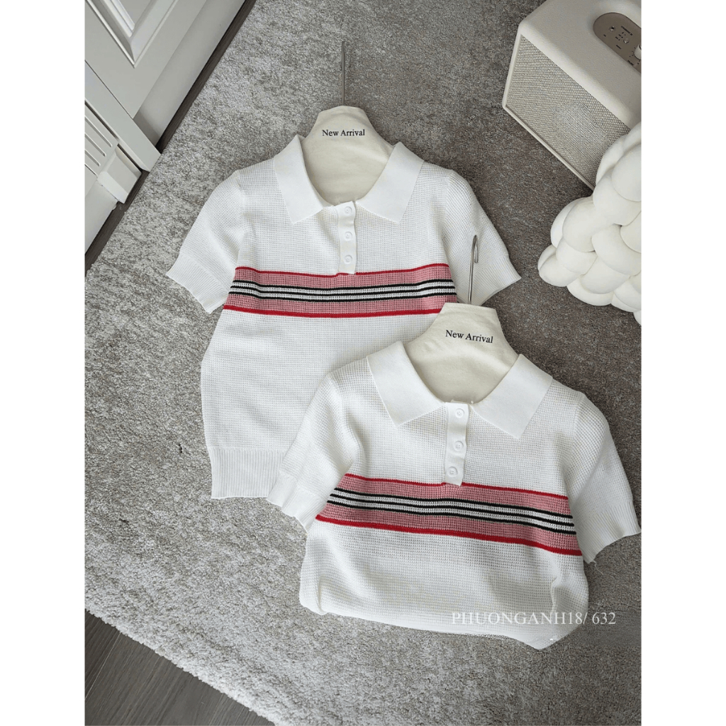 [Deal mở bán] Áo len polo cổ bẻ cộc tay phối kẻ ngang hàng QC 632