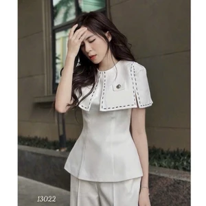 Set Bộ Nữ Kèm Quần Dài SỌC Ô Viền Nút Kiểu Dáng PEPLUM Phong Cách HÀN QUỐC