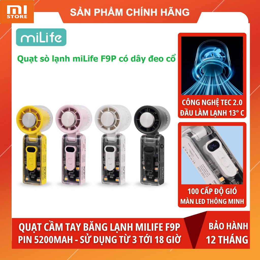 Quạt sò lạnh cầm tay miLife F9P pin 5200mAh - Dây đeo cổ gập 100 cấp độ ...