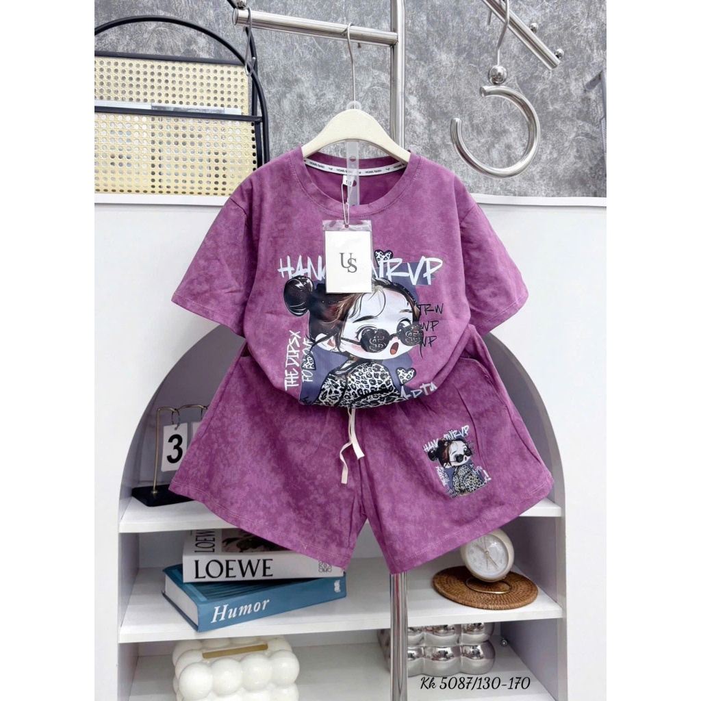 Bộ Cộc Tay Mùa Hè ( Họa Tiết Cô Gái Đeo Kính ) MS 006 Dành Cho Bé Gái 9-42kg Chất Liệu Cotton Mềm Mại