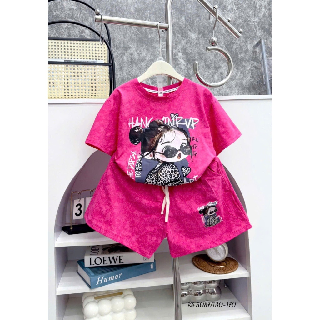 Bộ Cộc Tay Mùa Hè ( Họa Tiết Cô Gái Đeo Kính ) MS 006 Dành Cho Bé Gái 9-42kg Chất Liệu Cotton Mềm Mại
