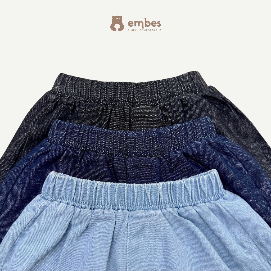 Quần Short Jean Cho Bé Embes, Quần Cộc Cho Bé Trai Bé Gái Chất Jean Mềm, Thoáng Mát Size Từ 8-18Kg