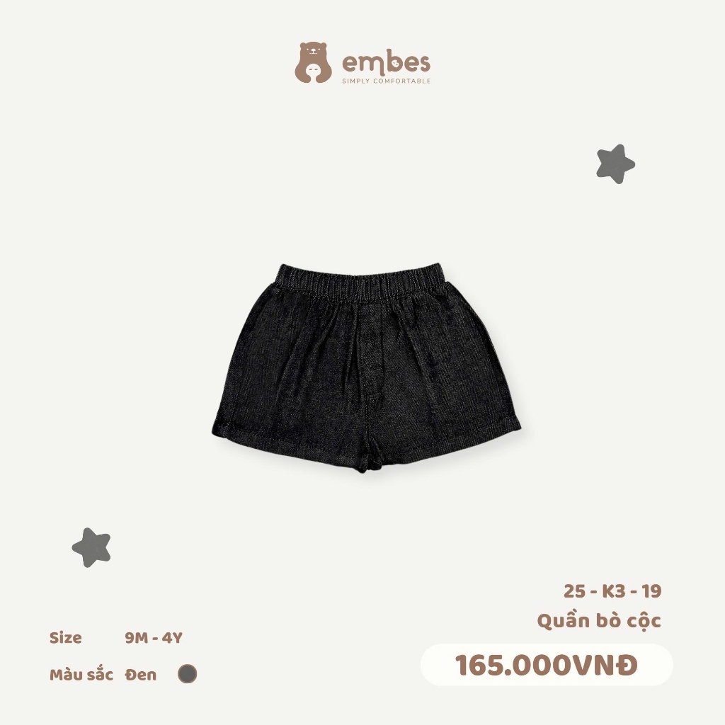 Quần Short Jean Cho Bé Embes, Quần Cộc Cho Bé Trai Bé Gái Chất Jean Mềm, Thoáng Mát Size Từ 8-18Kg