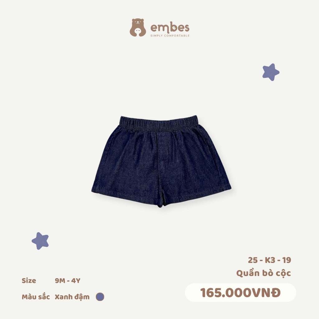 Quần Short Jean Cho Bé Embes, Quần Cộc Cho Bé Trai Bé Gái Chất Jean Mềm, Thoáng Mát Size Từ 8-18Kg