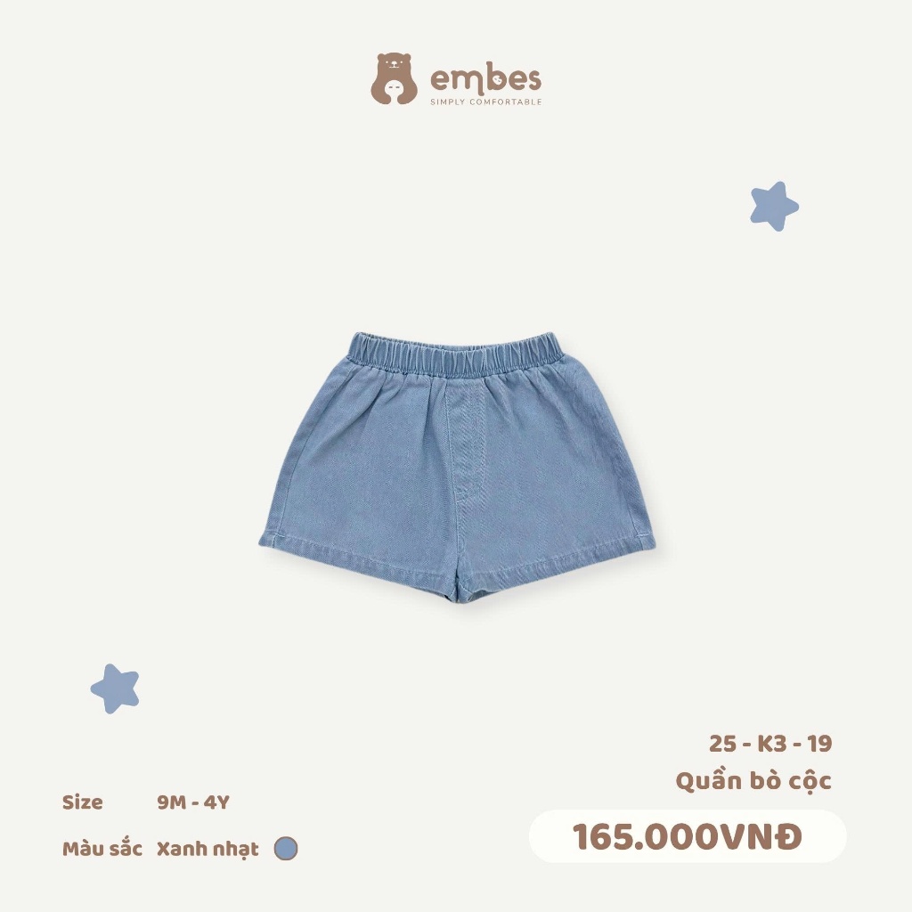 Quần Short Jean Cho Bé Embes, Quần Cộc Cho Bé Trai Bé Gái Chất Jean Mềm, Thoáng Mát Size Từ 8-18Kg