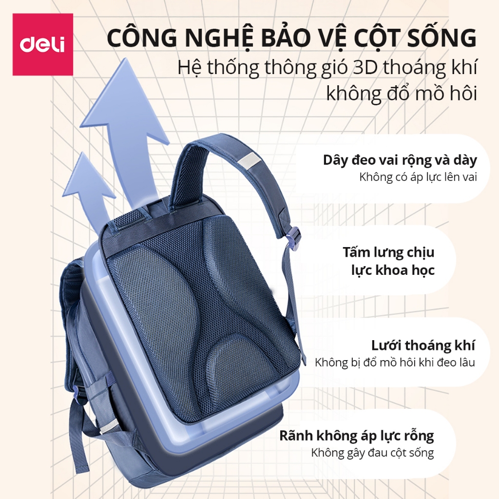 Balo Chống Gù Cao Cấp Deli - Cặp Công Thái Học Chất Bền, Nhẹ, Chống Thấm Nước Thoải Mái