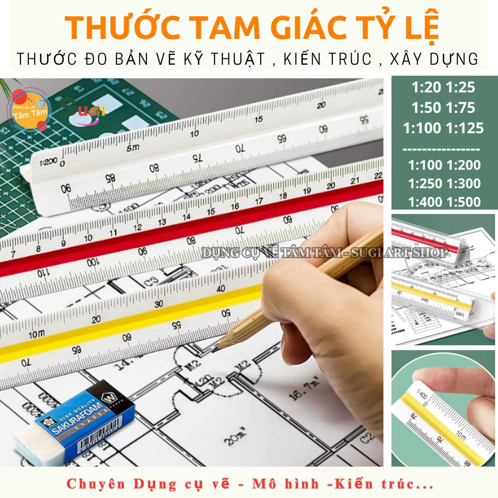 [ Sugi art shop ] Thước Tỷ lệ , Thước Đo Tam Giác tỷ lệ, thước 3 cạnh ...