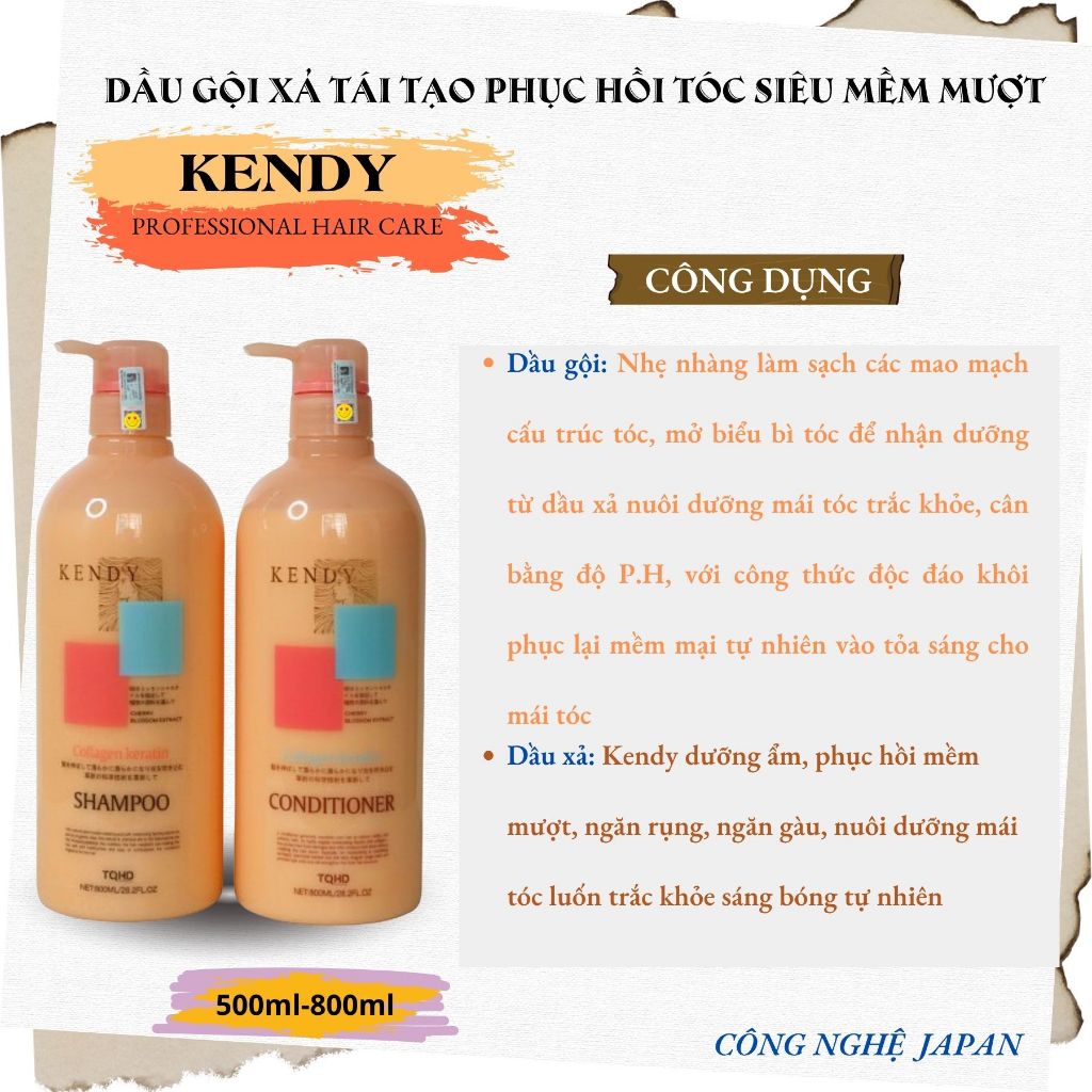 Dầu Gội Xả Dưỡng Sinh KENDY 800ml | Dưỡng Tóc Mềm Mượt, Giảm Gãy Rụng, Ngăn Ngừa Tóc Bạc Sớm