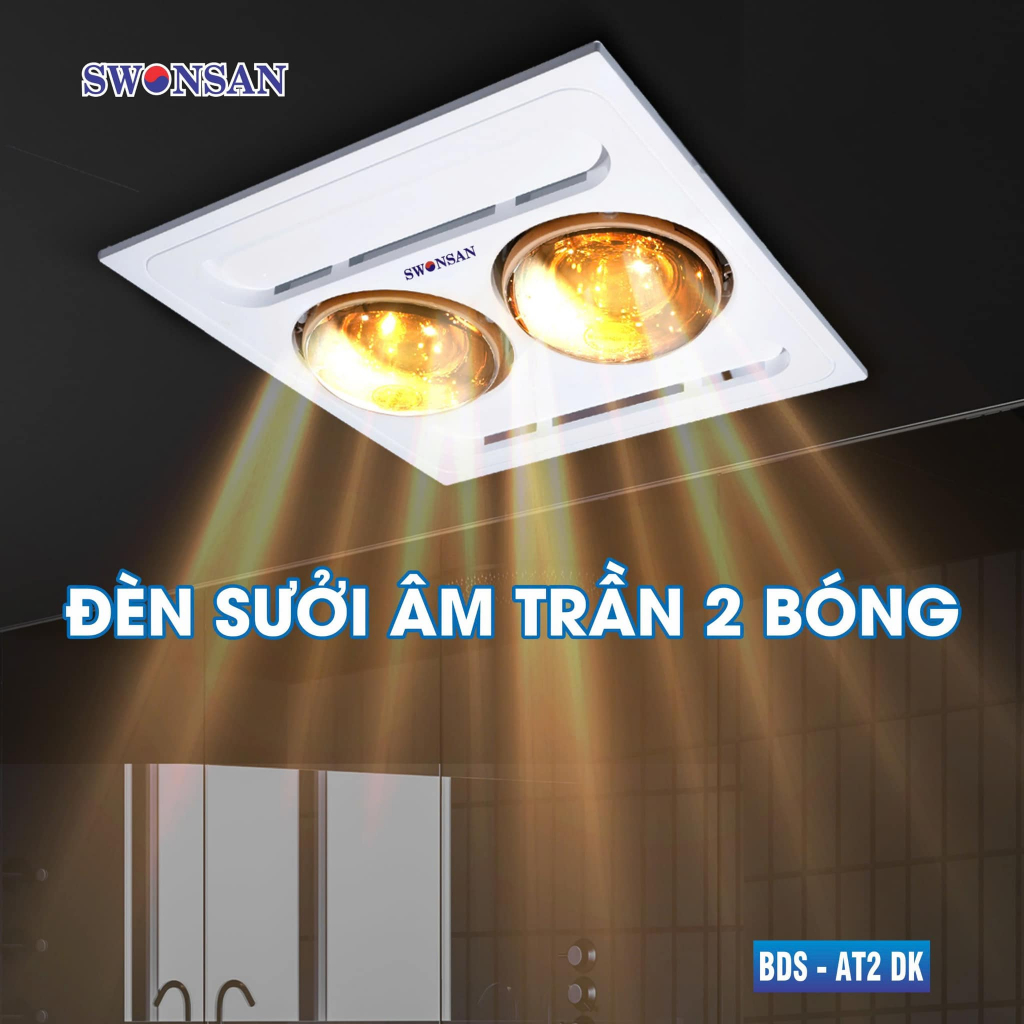 Đèn Sưởi Nhà Tắm Âm Trần 2 Bóng Swonsan AT2DK / AT2CT Kèm Công Tắc Chống Nước Và 3m Dây/ AT2TD loại thông dụng