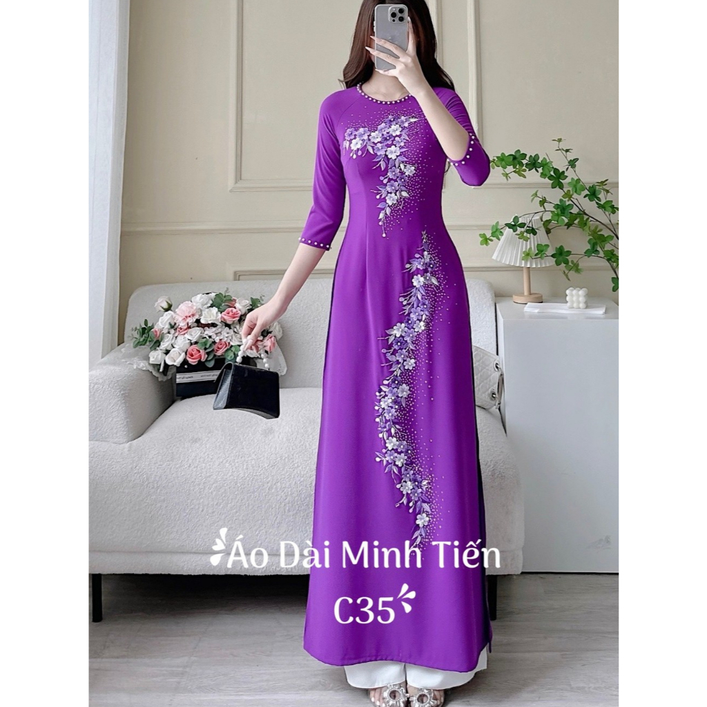 Áo Dài Lụa Mỹ Cao Cấp Họa Tiết Thêu + Đính Kết Đá Thủ Công Tỉ Mỉ - Mã C35
